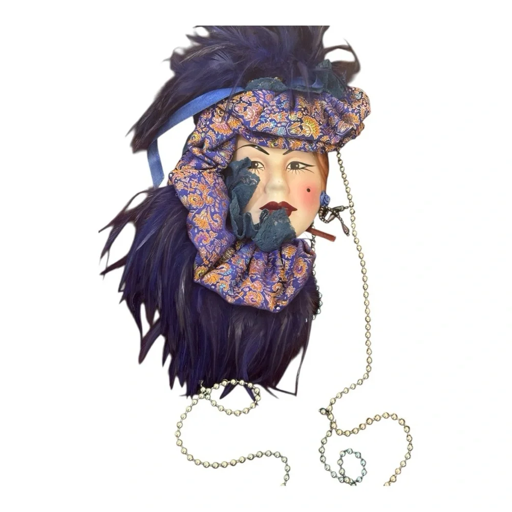 Lady Face Mask Wall Hanging Decor in Vibrant Blue and Gold